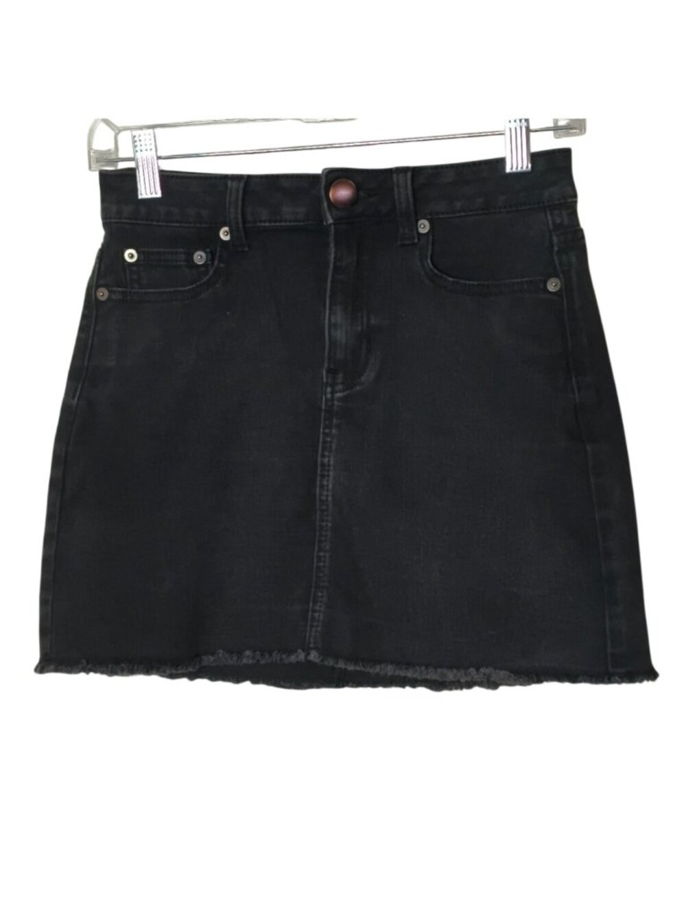 No Boundaries Junior 5 Mini Skirt Black Denim Fayed Hem Stretchy Hip Edgy Grunge